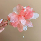 Daiiibabyyy  New Chinese Style Gentle Gradient Fabric Flower Hair Sticks for Women Sweet Chains Tassel Imitation Pearl Hairpin Fairy Headwear