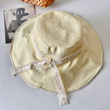 DAIIIBABYYY  -  Japanese Plaid Lace Bow Decorative Bucket Hat Women's Spring Summer Outdoor Shading Big Brim Vacation Foldable Lace-up Sun Cap