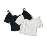 Daiiibabyyy  Sexy White U Collar Metal Hook Buttons Short Puff Sleeve Shirt Women Tie Bow Shoulder Center Slim Crop Tops Black