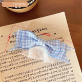 Daiiibabyyy  Girls Sweet Bowknot Hairpin Japanese Style Lace Bow Hair Clip Light Blue Checkered Pattern Bow Headwear
