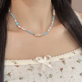 Daiiibabyyy  Fresh Blue Seed Beads Pearl Stone Clavicle Chain Dopamine Beaded Necklace For Women and Girls Holiday Daily Jewelry