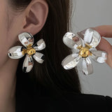 Daiiibabyyy  Exaggerated Glossy Flower Earrings for Women in Europe and America Stud Earring Light Luxury Temperament Fashionable Jewelry