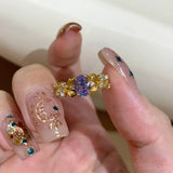 Daiiibabyyy  French Style Retro Geometric Design Gold Color Rings Inlaid Ice Flower Purple Zircon Ring Women's Banquet Party Jewelry