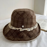 Daiiibabyyy  Japanese Plaid Bucket Hat for Women Spring Summer Breathable Sun Protection Hat Large Brim Lace Edge Foldable Fisherman Hats