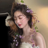 Daiiibabyyy  fairy simulation wind chimes flower bride fresh purple floral  fairy knot wedding headgear