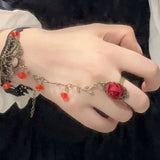 Daiiibabyyy  Lolita Gothic Crystal Finger Bracelet for Women Baroque Rose Lace Bracelet with Finger Ring Charm Vampire Hand Jewelry Pulseras