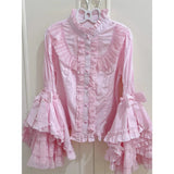Daiiibabyyy  Long Sleeve Lolita Sweet Kawaii Cosplay Holiday Party Blouse Pink Black White Stand Collar Solid Shirt Lace JK SK Ruffle Tops