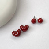 Daiiibabyyy  Vintage Red Heart Pearl Multi Wearing Stud Earrings Girl Autumn/Winter Niche Fashion Jewelry Women Festival Gifts