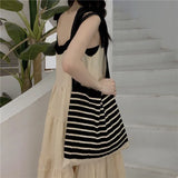 Daiiibabyyy Female stripe Wool Knitted Pleats Tote Organ Bag Designer Chic Stitching Contrast Fashion Shoulder Shopper Handbag For Women