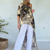 Daiiibabyyy  Casual Loose Hem Commute Lady Shirts Vintage Pattern Printed O-neck Long Tops Elegant Women Long Sleeve Irregular Split T-shirts