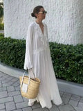 Daiiibabyyy  Elegant White Loose Guaze Long Dresses Woman Casual V Neck Flare Full Sleeve Long Robes New Female High Street Office Dress TP2P