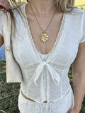 Daiiibabyyy  Sweet Prairie Chic Solid Lace Patchwork V Neck Short Sleeve All Match Women Shirt