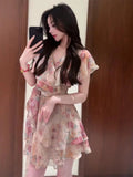 Daiiibabyyy  Vestidos De Mujer Summer Vintage Dress Women Clothing V Neck Printing Temperament Robe Femme Ruffled Bandage Mini Dresses