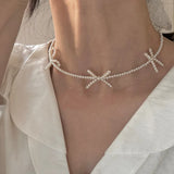 Daiiibabyyy  Korean Sweet Pearl Beaded Bowknot Clavicle Chain Ins Pearl Necklace Women Party Jewelry Girls Birthday Gifts