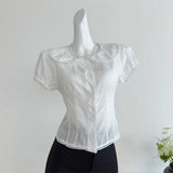 DAIIIBABYYY  -  French Sweet White Doll Collar Short Sleeve Women Bubble Sleeve Top Design Sense Pure Color Cotton Shirt