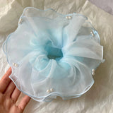 Daiiibabyyy  1PC Elegant Tulle Organza Hair Scrunchie With Faux Pearls For Women Girls Large Ruffle Elastic Hair Tie Fashion Hair Accessories