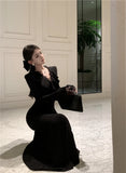 Daiiibabyyy  Black Long Sleeve Chic Ruffled Lace V-Neck Evening Gown Women Elegant Luxury Mermaid Dress Autumn Winter New French Dresses