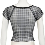 DAIIIBABYYY  -  Korean Commuter Women's Summer New Lace Square Collar Spliced Plaid Gauze Fashion Slim All-match Chic T-shirt Short Sleeve Tops