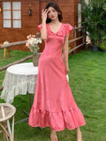 Daiiibabyyy New Summer French Vintage Midi Dresses for Women V-neck Ruffles A-line High Split Party Dress Prom Robe Elegant Vestidos Mujer