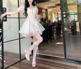Daiiibabyyy  Summer French Style Square Collar Mini Dress Fashion Gauze Lace Spliced Female Clothing Elegant Puff Sleeve Ball Gown Dresses