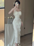 DAIIIBABYYY  -  White Lace Jacquard Chic Ruffled Casual Long Dress Women Elegant Beach Style Sling Dress Summer Korean Fashion Party Dress
