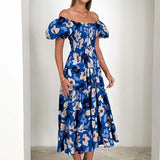 Daiiibabyyy  Casual Women Sweet Spring Puff Short Sleeve Party Dress 2025 Female Big Hem Dress Elegant One Shoulder Floral Print Long Dress