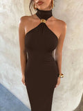 Daiiibabyyy  Women's Black One-Shoulder Choker Neck Bodycon Maxi Dress with Metal Accent