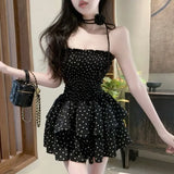 Daiiibabyyy  French Style Sweet Polka Dot Cupcake Mini Dress Summer Aura Strapless Women's Clothing Shirring Waist Stylish Ball Gown Dresses