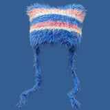 Daiiibabyyy  Cat Ear Contrast Stripe Handmade Crochet Plush Hat Children's cute ear protection warm imitation mink wool cap in winter