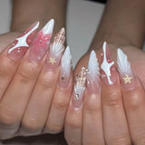 Daiiibabyyy  24pcs Gradient White False Nails Set Flower Seashell Design Long Almond Press on Nails Art Starfish Pearl Stiletto Fake Nail Tip