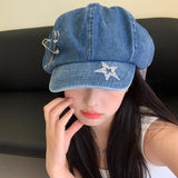 Daiiibabyyy  Women's Cute Hat Sweet Style Beret Kawaii Cap Cowboy Starcloud Hat Beret Big Head Duck Tongue Bud Hat Fashion Blue Caps Hat Goth