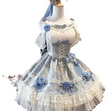 DAIIIBABYYY  -  Japan Lolita Sweet Girl Pink Blue Jacquard Fabric Off-The-Shoulder Dress Female High Waist Lace-Up Bow Above Knee Princess Dress