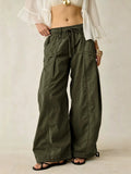 Daiiibabyyy  Women Vintage Loose Wide Leg Cargo Pants Elastic Waist Drawstring Big Pocket Long Trousers Spring Autumn Street Casual Pants