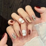 Daiiibabyyy  10pcs Handmade False Nails Brown Gold Glitter Star Rhinestone Decor Press On Nails Luxury Fake Nails For Party Photography Daily
