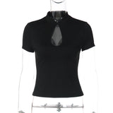 Daiiibabyyy  Black Cheongsam Collar Cutout Top Women Sexy Short Sleeve Slim Fit Shirt Spring Casual Chic Streetwear Form-fitting Tee