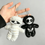 Daiiibabyyy  Cute Skeleton Halloween Plush Keychain Skull Stuffed Bag Pendant Keyring Mummy Style Key Hanging Bag Decoration