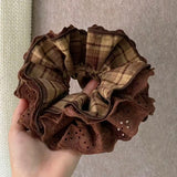 Daiiibabyyy  1PCPlaid Lace Scrunchie Vintage Brown Ruffled Double-layer Fabric Hair Tie Elegant Hair Accessory For Women Girl Daily Party Use