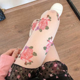 Daiiibabyyy  French Embroidery Lolita Stockings Pink/Black Rose Floral Tights Thin Mesh Pantyhose Lady