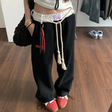 DAIIIBABYYY  -  Pure Cotton Autumn Casual Pants Women High Street Straight Wide -leg Pants Loose Versic Embroidery Beam Sports Guard Pants Tide