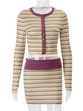 Daiiibabyyy  Women Striped 2 Piece Outfit Long Sleeve Button Cropped Top High Waist Mini Bodycon Skirt Set Y2K Casual Matching Suit Streetwea