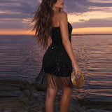 Daiiibabyyy  Elegant Strapless Glittery Party Mini Dress Fashion Tassel Splicing Solid Women Short Dress Casual Sleeveless Hight Waist Gowns