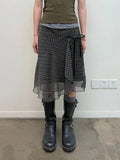 Daiiibabyyy  Japanese Vintage Fashion Plaid Mesh Skirts Women Chic Bow Y2k Elegant Mid Skirts Harajuku Lace Up Short Korean Popular Clothes