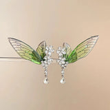 Daiiibabyyy  Exquisite Green Elf Ear Clip Shiny Butterfly Wings Rhinestone Crystal Flower Clip Earrings Tassel Waterdrop Forest Jewelry New