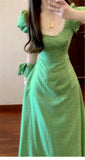 DAIIIBABYYY  -  French Bubble Sleeve Wave Point Green Dress For Women Summer New Seaside Vacation High Waist Temperament Long Style Dresses