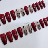 Daiiibabyyy  Long Trapezoidal Shape French Fake Nails Wearable Manicure Full Cover Press on Nails Vintage Style Wine Red Almond False Nail