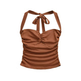 Daiiibabyyy  New Women's Fashion Sexy Backless Halter Neck Tie-up Ruched Tube Top Ultra-short Camisole Top In Solid Color Pure Desire F1MR