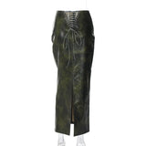 Daiiibabyyy Pu Leather Print Hollow Lace Up Split Long Skirt Women Spring Autumn 2024 High Waist Slim Casual Bodycon Bottom Trend Streetwear