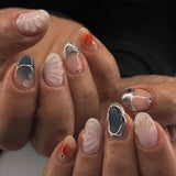 Daiiibabyyy  24PCS Sweet Cool Short Oval Press on Nails Leopard Cow Pattern French Metallic Silver Fake Nails for Spice Girls Simple Ins Nail