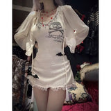 Daiiibabyyy  Subculture Gothic Lace Skeleton Milk White Suspender Dress Retro Dark Millennium Spicy Girl Clothing