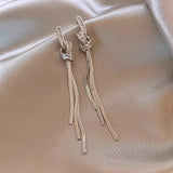 Daiiibabyyy  Korean Fashion Metal Rhinestone Knot Zircon Long Tassel Earrings Women's Luxury Jewelry Fashion Casual Party Lady Ear Accessory